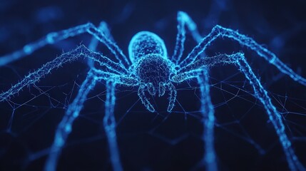 A glowing digital spider is depicted in a futuristic, blue-toned style on a web-like background.
