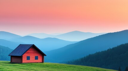 A small red cabin sits on a grassy hill with layered blue mountains and a colorful sunset sky in the background.