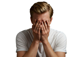 A man covering face with hand, emotional, isolated 