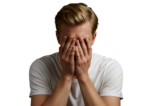A man covering face with hand, emotional, isolated 