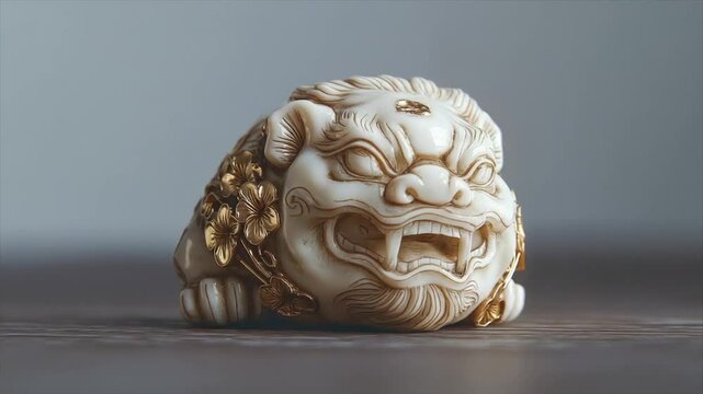 Intricate ivory-colored lion-dog figurine with gold leaf accents