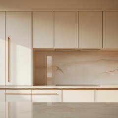 Fototapeta premium Modern kitchen interior showcasing sleek cabinetry, countertop, and minimalist design.