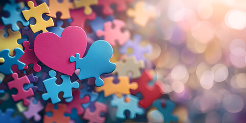 Heart-Shaped Puzzle Pieces in Colorful Abstract Background
