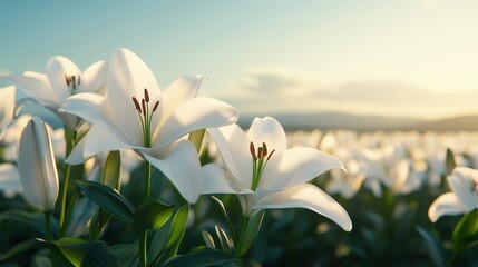 Elegant white lilies bloom in a sunlit field, creating a serene and peaceful natural landscape at sunrise.
