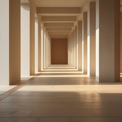 Fototapeta premium Empty, sunlit colonnaded walkway, leading to a distant point.