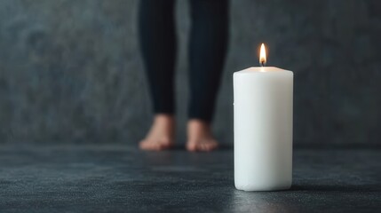 A lit white candle on a dark surface, with a person's bare feet blurred in the background.