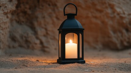 A black lantern with a lit candle glows warmly on sandy ground against a textured stone background.
