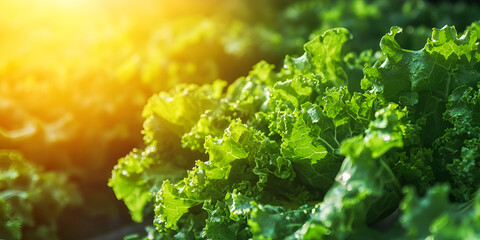 Fresh Green Lettuce in Sunlight with Water Droplets


