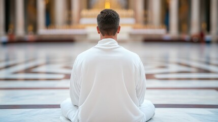 A man in white sits cross-legged on a marble floor, meditating in a large, tranquil, and elegant indoor space.