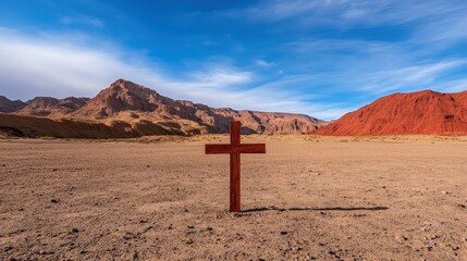 A wooden cross stands in a barren desert landscape with mountains and a vivid blue sky in the background.