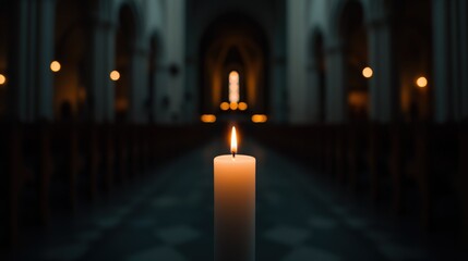 A single lit candle stands in the center of a dimly lit church, creating a peaceful and contemplative atmosphere.