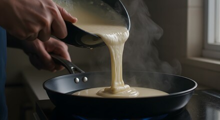 Close-up of hands pouring smooth pancake or crepe batter into a hot frying pan with steam rising on a stovetop, for homemade breakfast or dessert.