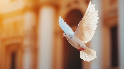 A white dove in flight with sunlight illuminating its wings against a blurred architectural background.