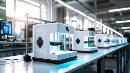 Fototapeta premium A high-tech factory floor with 3D printers creating prototypes or products layer by layer in a clean, modern environment.