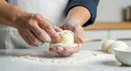 Fototapeta premium Close-up of hands expertly shaping and filling dough, preparing homemade dumplings or buns on a floured white surface in a clean kitchen setting, s...
