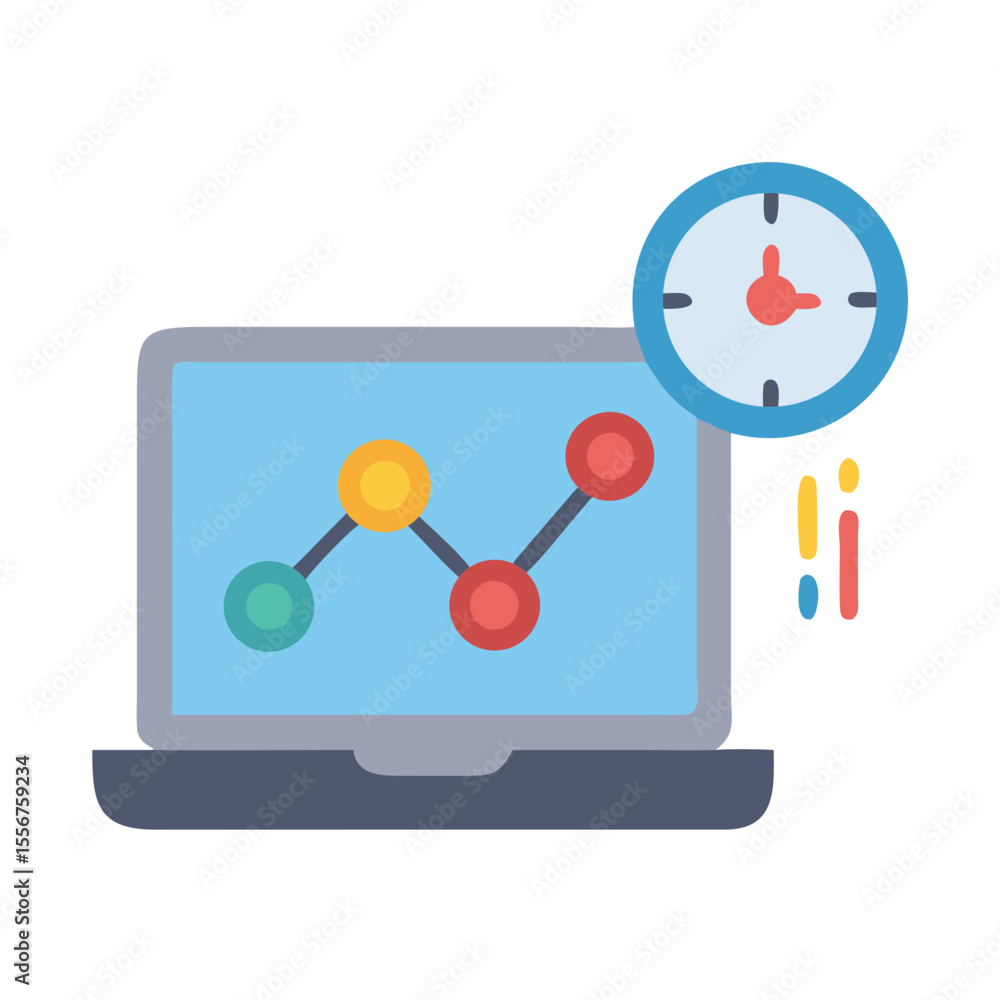 Poster laptop with financial chart and clock showing time value