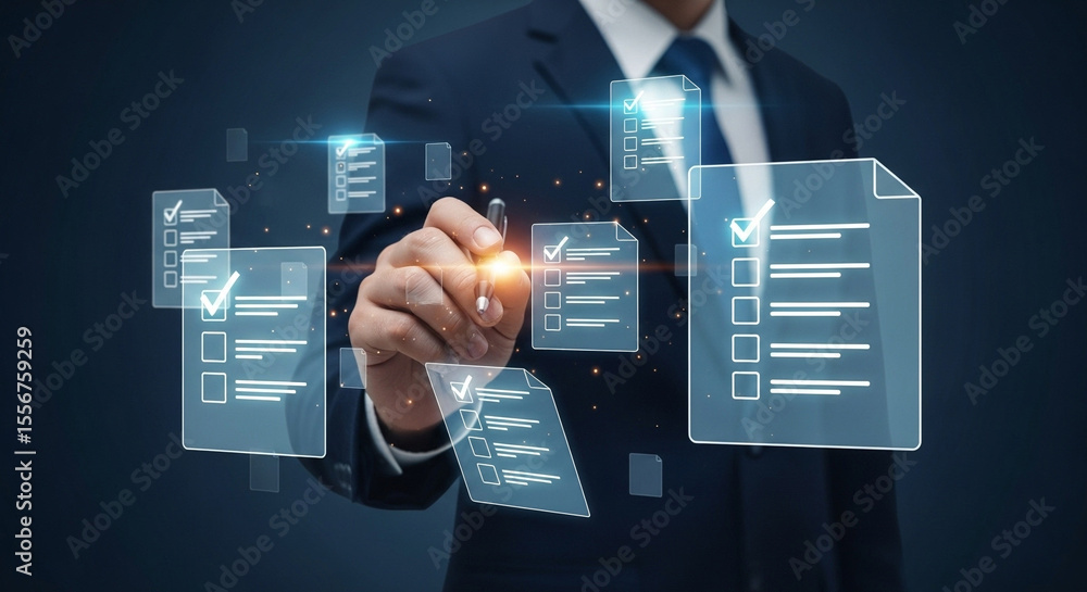 Poster a businessman interacting with digital checklist documents in a dark blue environment space