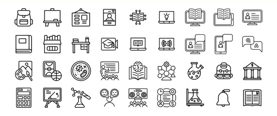Black and White Line Art Icon Set School Supplies Learning Concepts