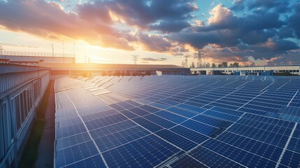 Solar panel array installed on an industrial rooftop providing energy to machinery