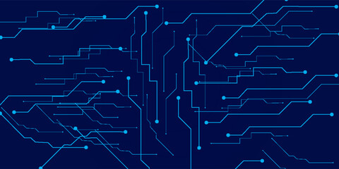 Abstract digital circuit board on technology blue background. Circuit connected lines and dots on abstract motherboard. Navy gradient tech bg. AI innovation