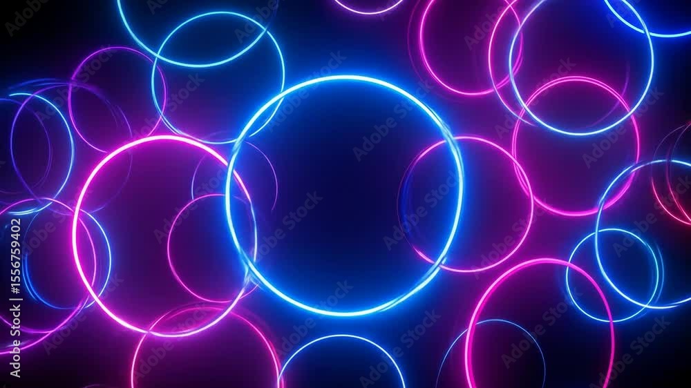 Poster abstract neon circles in blue and pink against a dark background with dynamic motion and bright glow