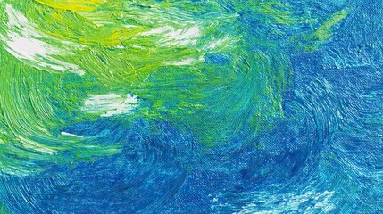 Abstract blue and green painting textured background with oil brush art style, blue, yellow, green brushstrokes create a vibrant atmosphere on the white canvas, embodying the expressionist color gamut
