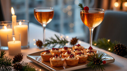 Festive holiday table setting with lit candles champagne cocktails and mini tarts decorated with berries and pine sprigs
