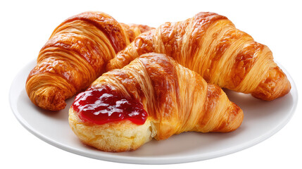 Golden Croissant Delight: A close-up shot of freshly baked, golden-brown croissants, their flaky layers and buttery texture evident, ready to be enjoyed, some drizzled with sweet preserves.