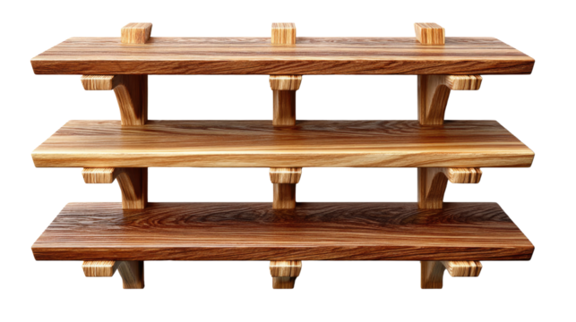 Three-Tiered Walnut Shelves: Elegant three-tiered shelves crafted from rich walnut wood, showcasing a unique design with detailed wood grain and sturdy brackets.