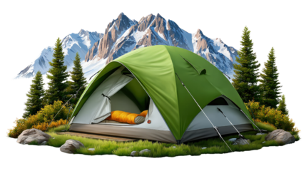 Camping Tent: Explore the allure of nature with this eye-level, vividly colored illustration, displaying a green tent positioned on a patch of grass and surrounded by forest.