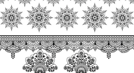 Traditional floral border, mandala pattern design, ethnic lace ornament, henna inspired art, seamless decorative vector, black and white print