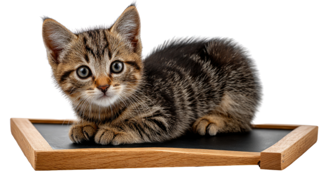 Kitten on Chalkboard: A curious kitten with endearing eyes rests on a small, inviting chalkboard. A charming scene of innocence and learning.