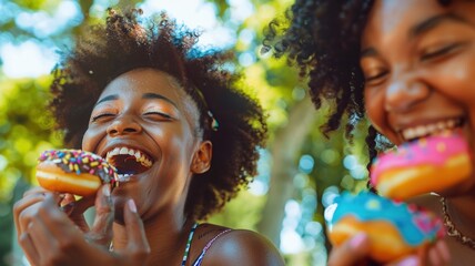 Black friends eating donuts together on a sunny day