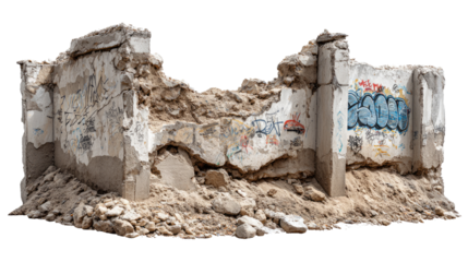 Ruins and Graffiti: Weather-beaten walls bear witness to the passage of time, bearing streaks of graffiti and crumbling under the weight of the elements. A scene of urban decay and desolation.