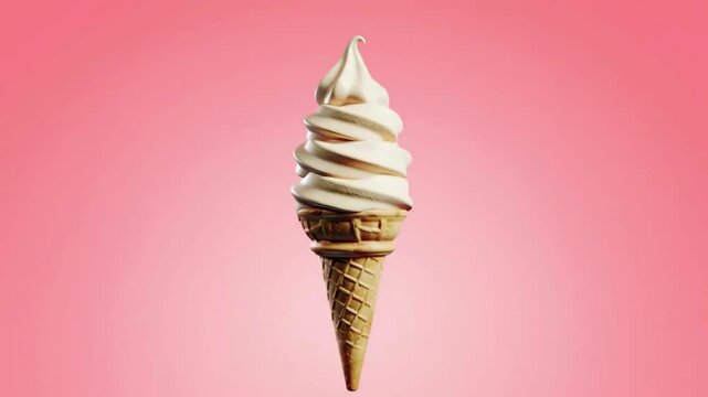 A vanilla soft serve ice cream cone against a pink gradient background.