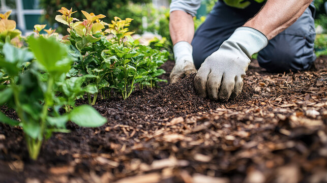 A gardener laying down mulch in a garden bed to help retain moisture and protect plants.