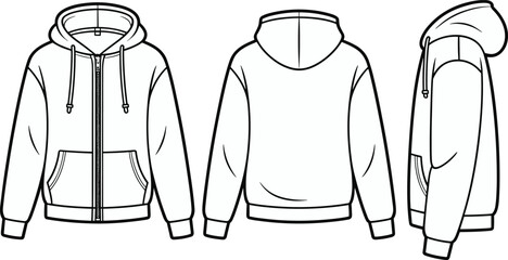  Blank Zipper Hoodie Sweatshirt Technical Fashion Flat Sketch Template, Front Back Side Views Pullover Vector Illustration © Selim Creatives