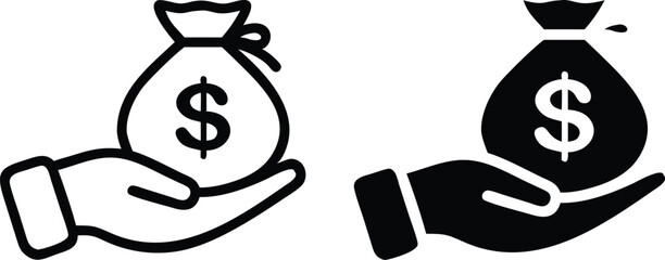 Hand Holding Money Bag Icon – Minimalist Line Drawing with Dollar Sign in Black and White