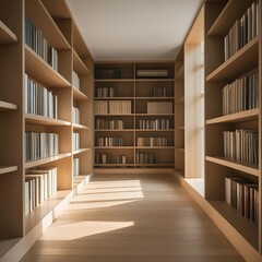 Sunlit Modern Library With Wooden Shelves Filled With Books Creating A Calm Atmosphere
