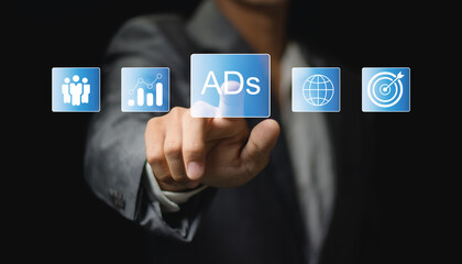 Digital marketing commerce online sale concept, planning advertising marketing strategies to target social media native, ad, advertisers, sales.