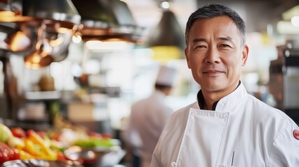 Fototapeta premium A confident middle-aged Asian man stands in a bustling kitchen, showcasing his culinary skills. He smiles warmly, surrounded by fresh ingredients, symbolizing professionalism and joy in cooking.