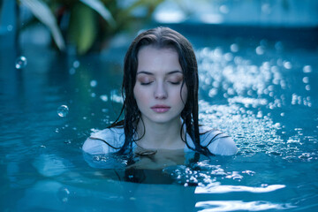 A serene portrait photograph of a young woman in a swimming pool with turquoise water. Her eyes are closed peacefully, and her dark hair floats naturally in the water.
