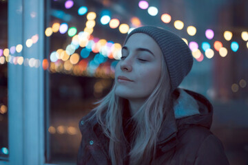 A moody nighttime portrait photograph of a young woman with closed eyes and a serene expression. She is wearing a dark gray knit beanie and a black winter jacket.