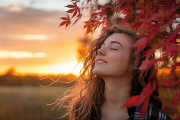 A serene portrait photograph of a young woman with long wavy brown hair backlit by a golden sunset. Her eyes are closed in a peaceful expression, and her hair flows naturally in the wind.