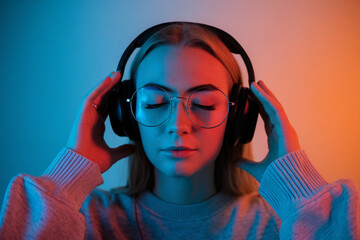 A moody portrait photograph of a young woman wearing large round glasses and a light pink sweater, listening to music through black over-ear headphones. 