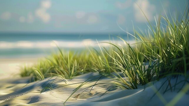 Green dune grass with waves in soft focus background