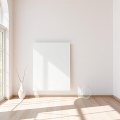 Minimalist decor with a vase and blank canvas in a sunlit room. neutral tones and modern aesthetic perfect for creative design inspiration. Empty room interior design. Ultra realistic. Photorealistic 
