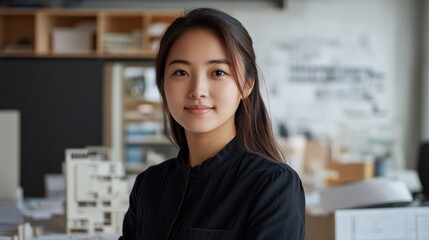 A young Asian female architect confidently stands in her office, showcasing creativity and professionalism. The contemporary workspace is filled with architectural models and designs.