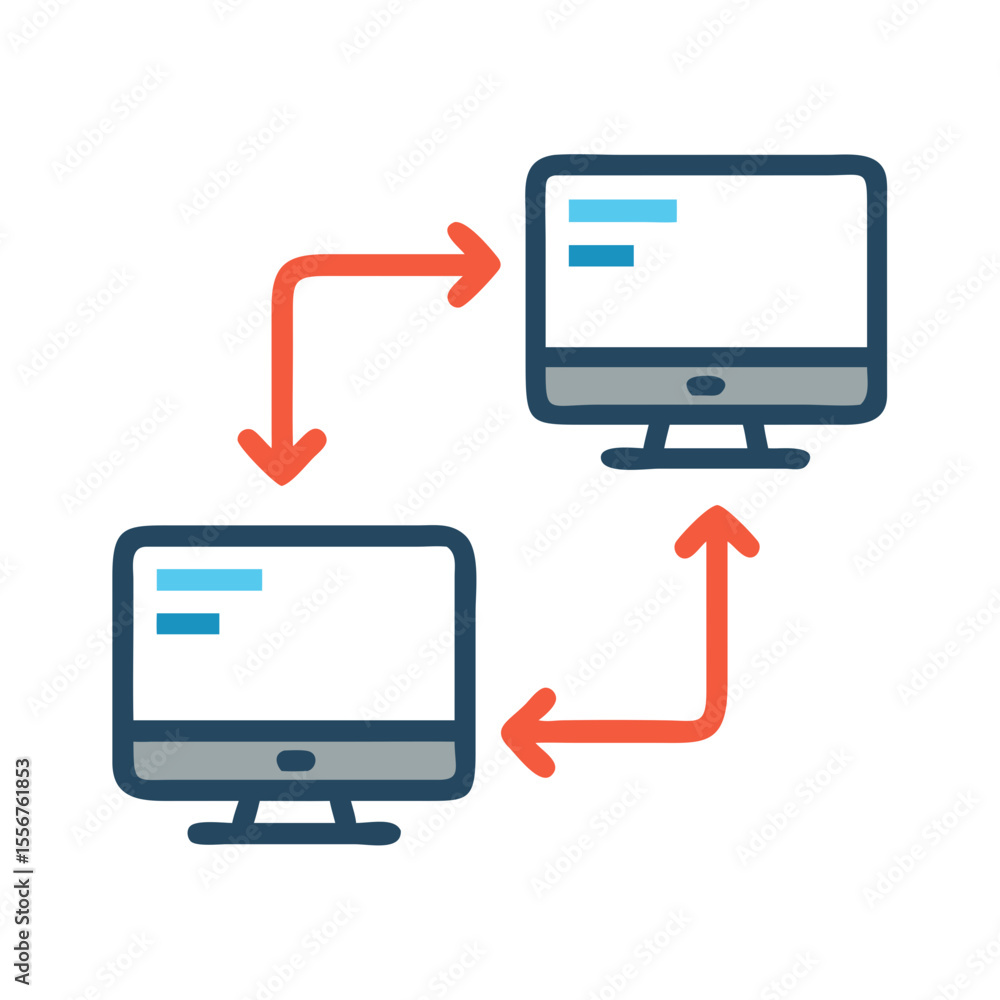 Poster data transfer between computers depicted with arrows in flat style