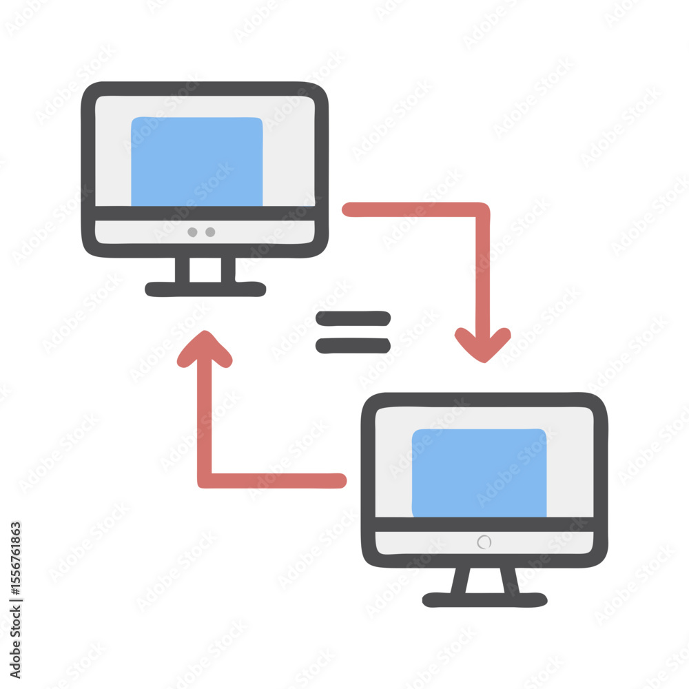 Poster data sharing between computers depicted in flat design style